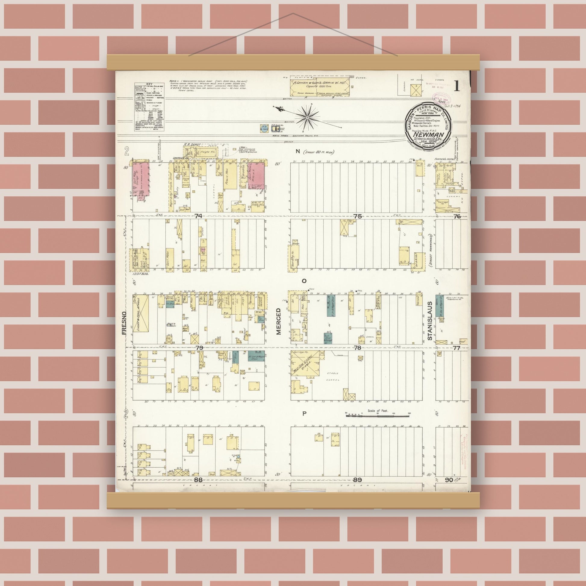 Old map wall art mockup — magnetic wood frame on brick wall — Sanborn Fire Insurance Map from Newman, Stanislaus County, California (1894) - Complete Map Set
