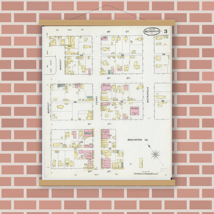 Old map wall art mockup — magnetic wood frame on brick wall — Sanborn Fire Insurance Map from Metropolis, Massac County, Illinois (1892), Sheet #0003