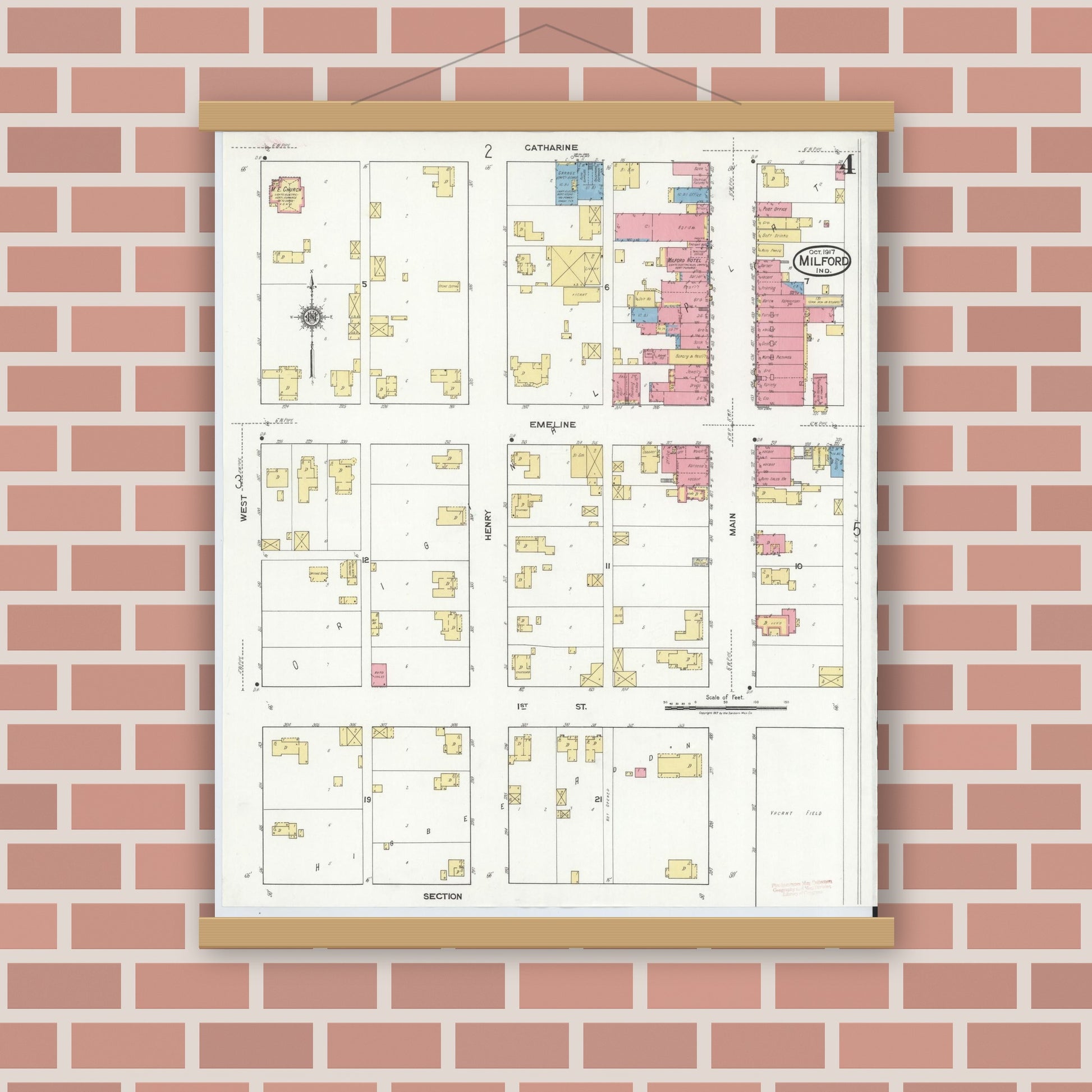 Old map wall art mockup — magnetic wood frame on brick wall — Sanborn Fire Insurance Map from Milford, Kosciusko County, Indiana (1917), Sheet #0004