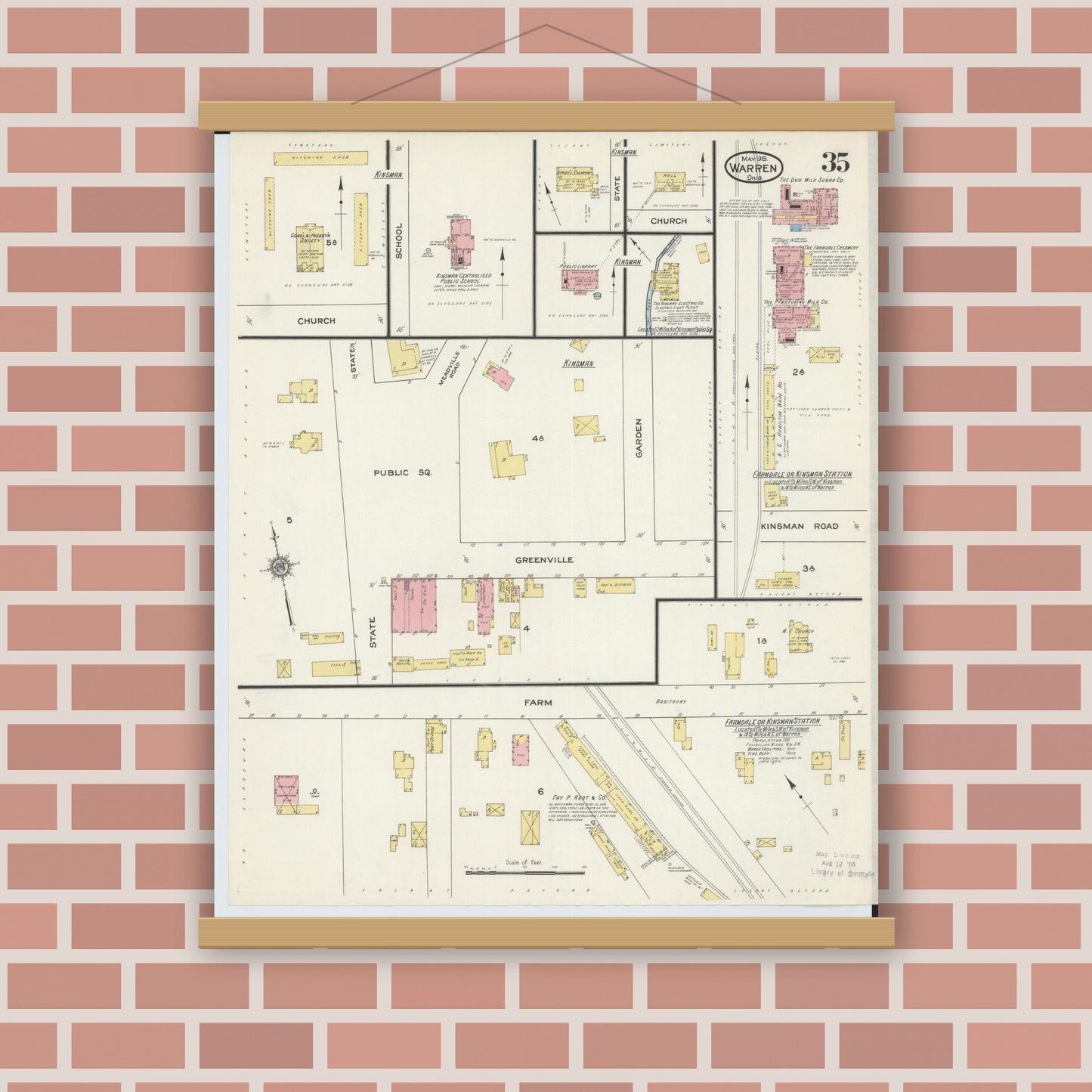 Old map wall art mockup — magnetic wood frame on brick wall — Sanborn Fire Insurance Map from Warren, Trumbull County, Ohio (1915), Sheet #0035