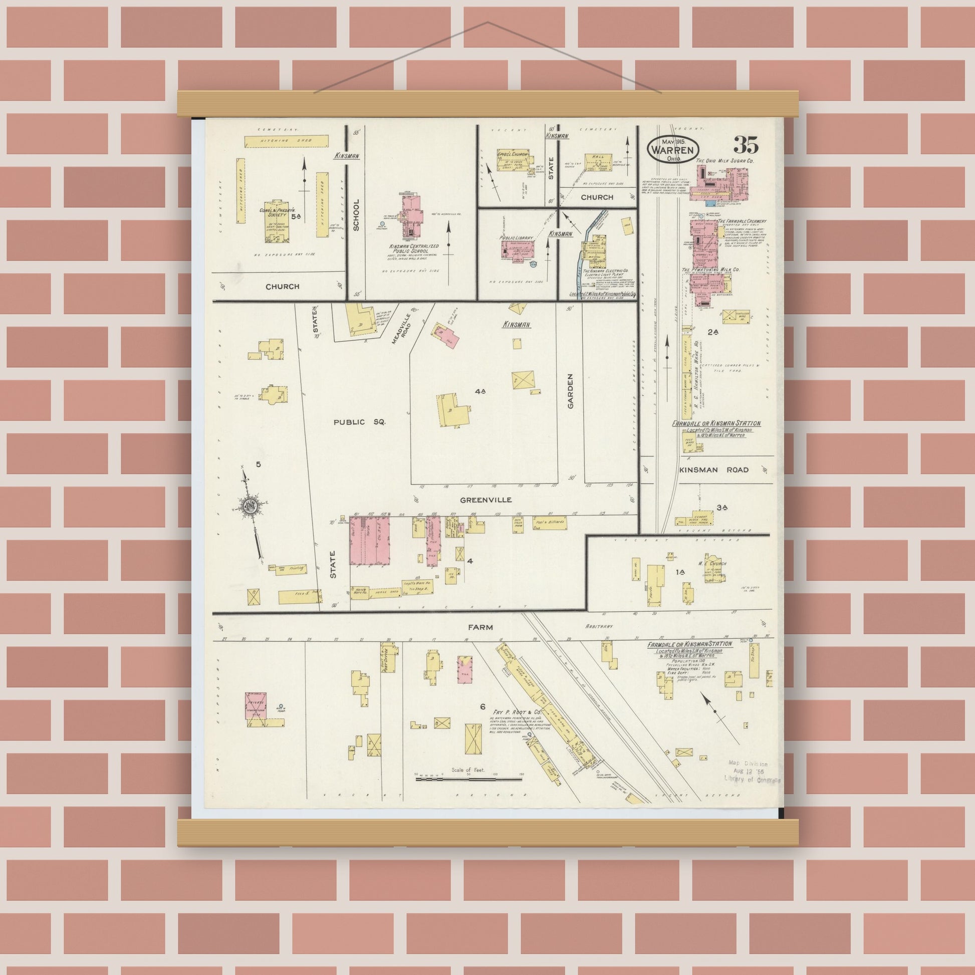 Old map wall art mockup — magnetic wood frame on brick wall — Sanborn Fire Insurance Map from Warren, Trumbull County, Ohio (1915), Sheet #0035