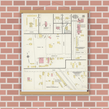 Old map wall art mockup — magnetic wood frame on brick wall — Sanborn Fire Insurance Map from Warren, Trumbull County, Ohio (1915), Sheet #0035