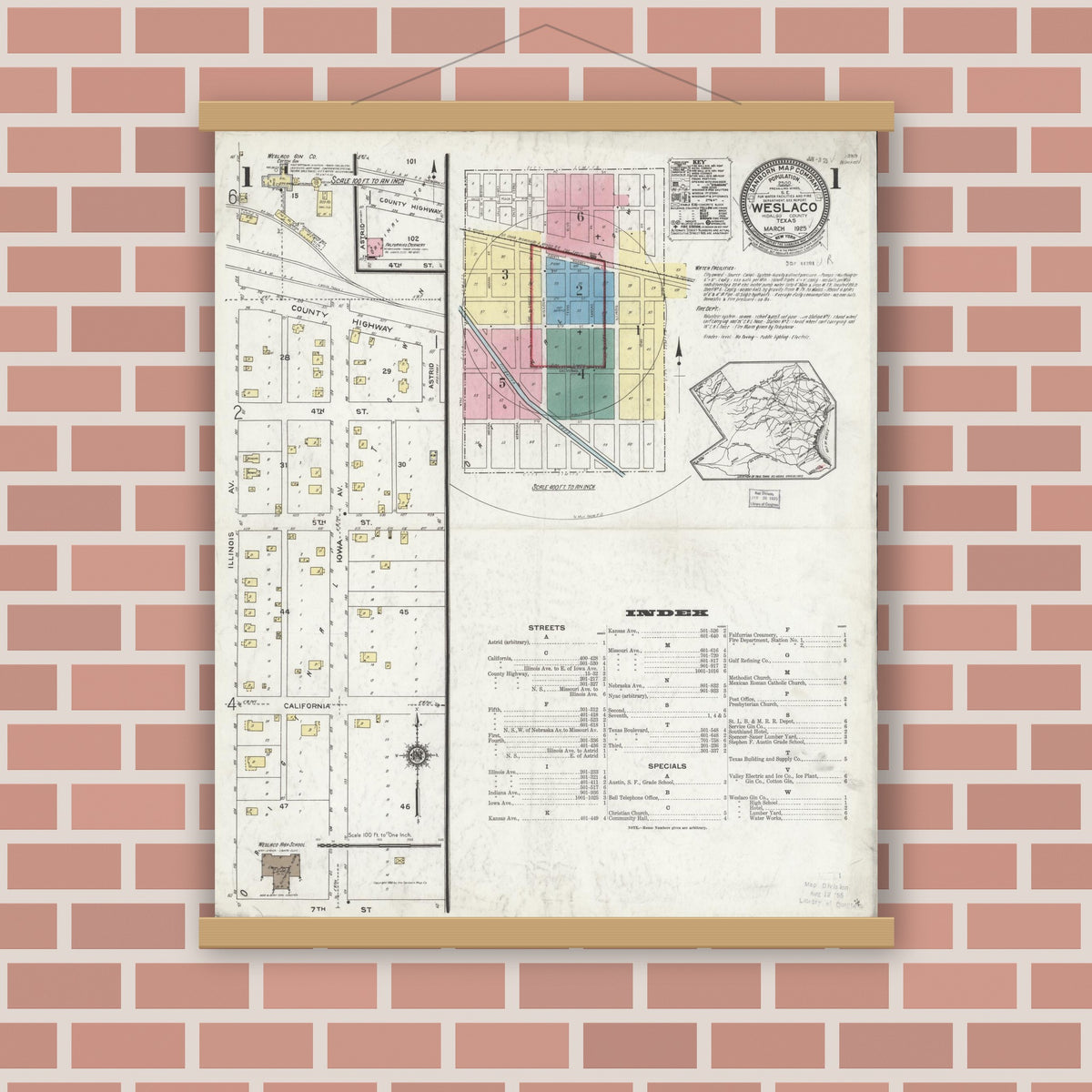 Old map wall art mockup — magnetic wood frame on brick wall — Sanborn Fire Insurance Map from Weslaco, Hidalgo County, Texas (1925) - Complete Map Set