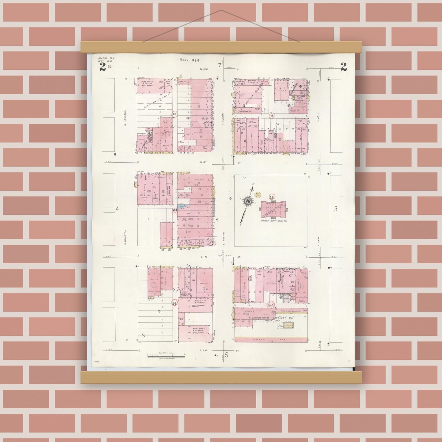 Old map wall art mockup — magnetic wood frame on brick wall — Sanborn Fire Insurance Map from Lamesa, Dawson County, Texas (1948), Sheet #0002