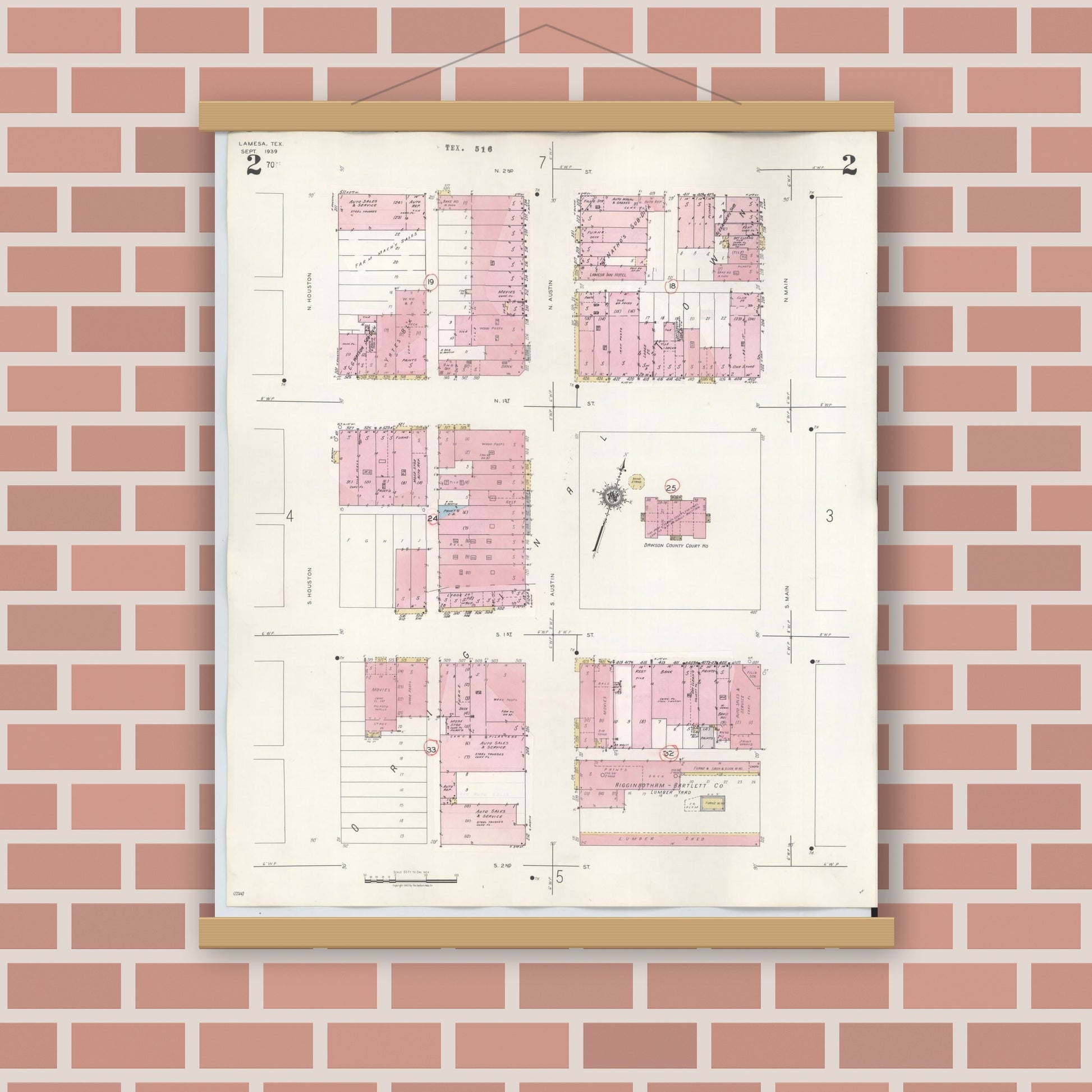 Old map wall art mockup — magnetic wood frame on brick wall — Sanborn Fire Insurance Map from Lamesa, Dawson County, Texas (1948), Sheet #0002