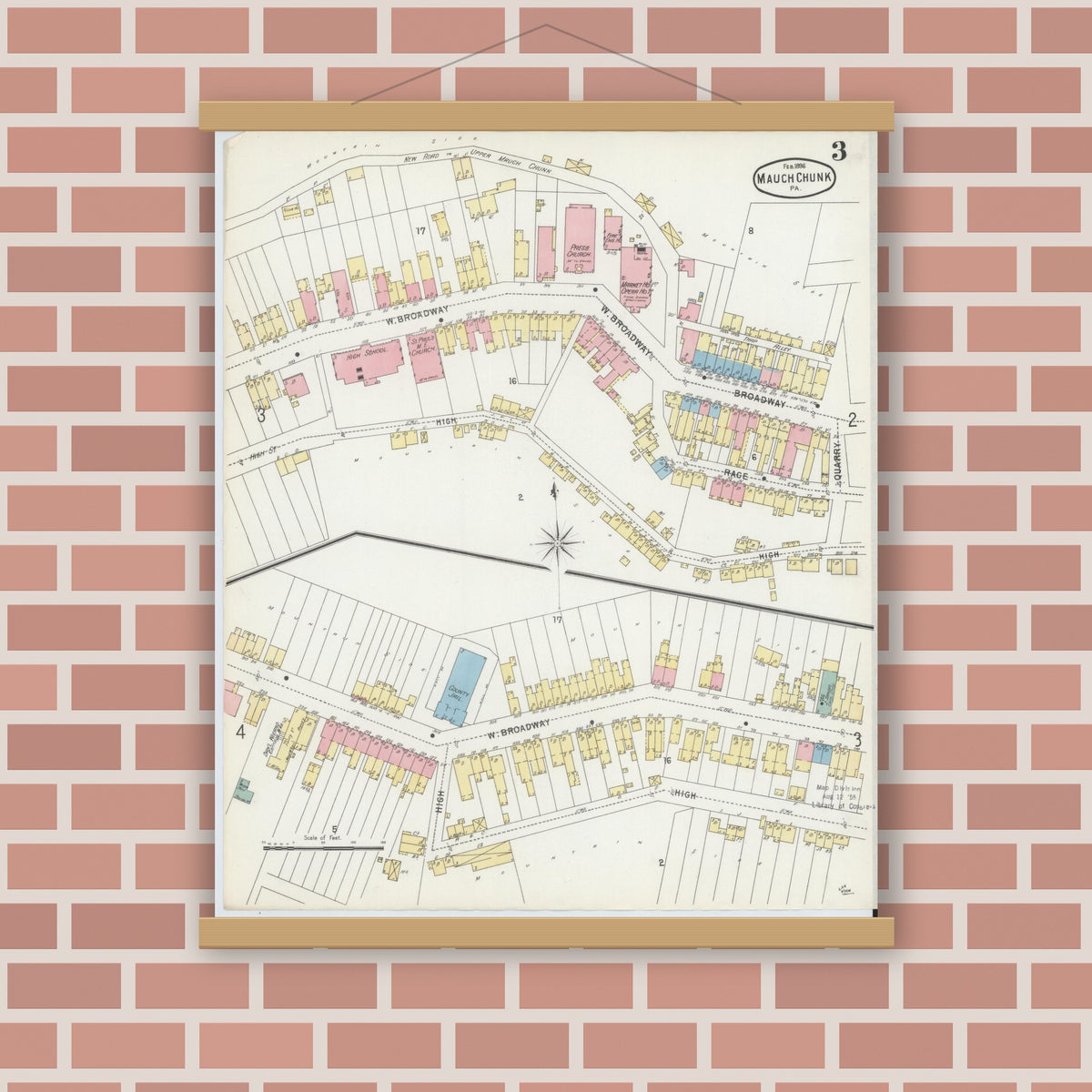 Old map wall art mockup — magnetic wood frame on brick wall — Sanborn Fire Insurance Map from Mauch Chunk, Carbon County, Pennsylvania (1896), Sheet #0003