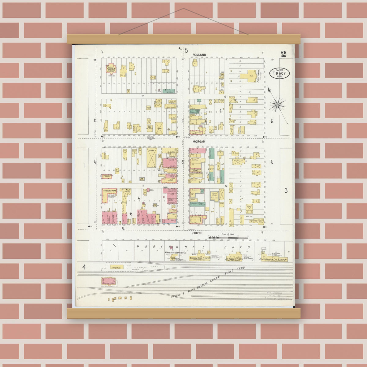 Old map wall art mockup — magnetic wood frame on brick wall — Sanborn Fire Insurance Map from Tracy, Lyon County, Minnesota (1899), Sheet #0002