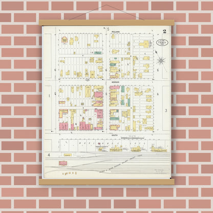 Old map wall art mockup — magnetic wood frame on brick wall — Sanborn Fire Insurance Map from Tracy, Lyon County, Minnesota (1899), Sheet #0002