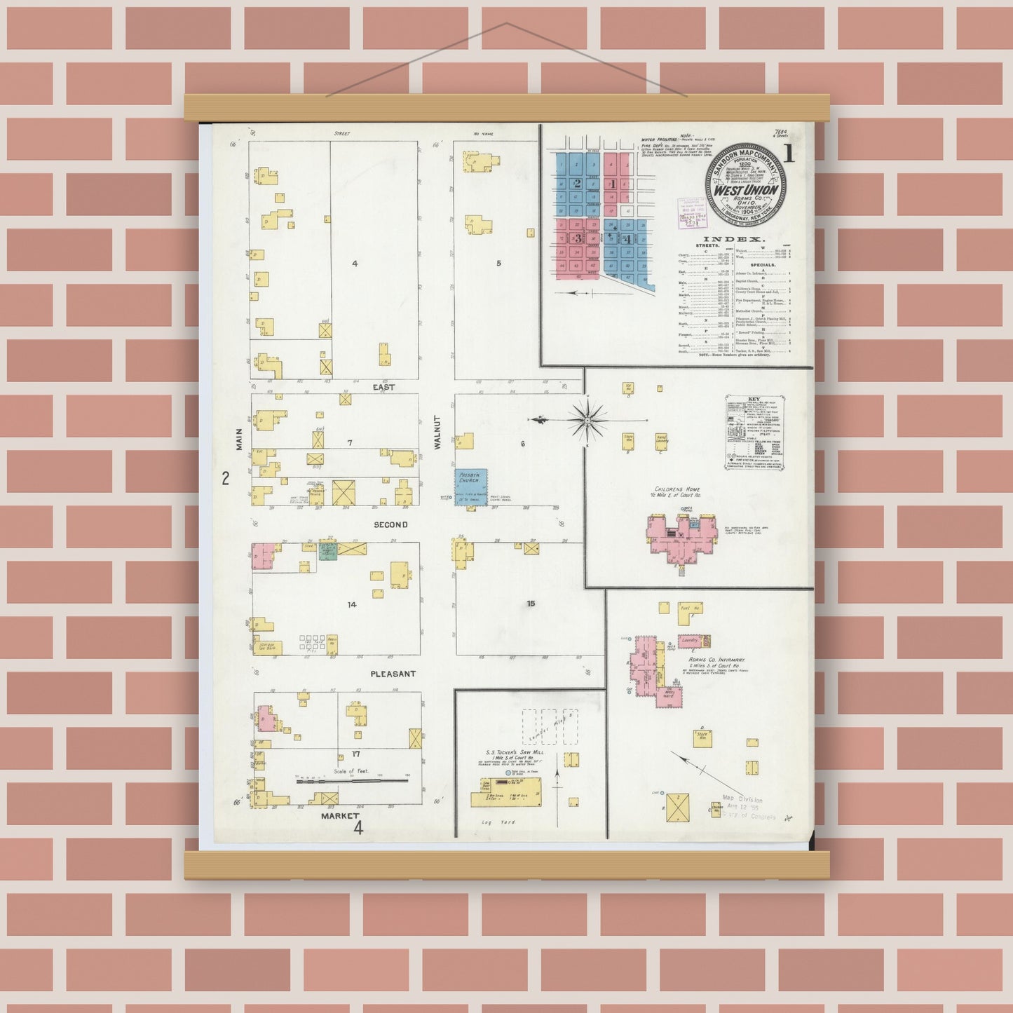 Old map wall art mockup — magnetic wood frame on brick wall — Sanborn Fire Insurance Map from West Union, Adams County, Ohio (1904), Sheet #0001