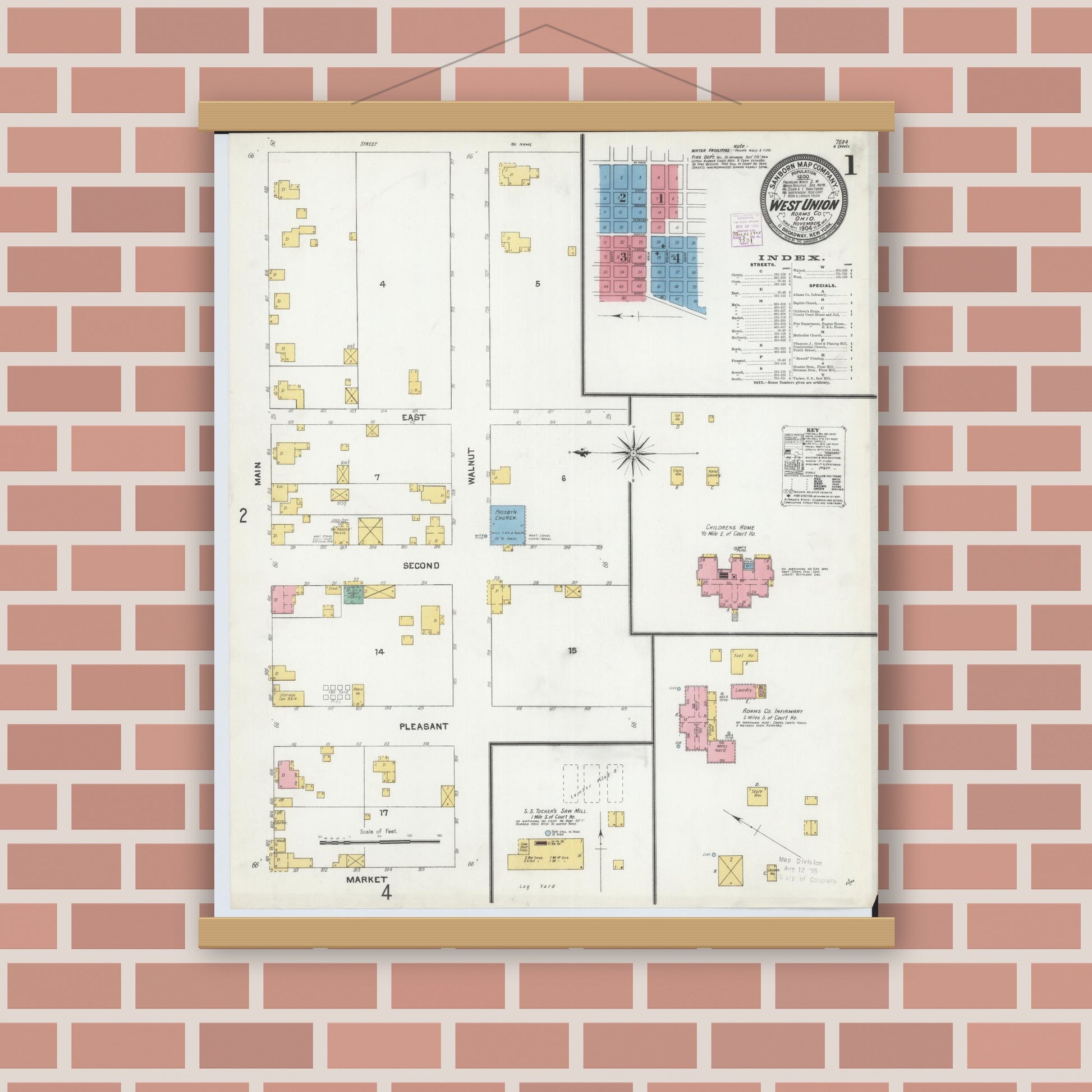 Old map wall art mockup — magnetic wood frame on brick wall — Sanborn Fire Insurance Map from West Union, Adams County, Ohio (1904), Sheet #0001