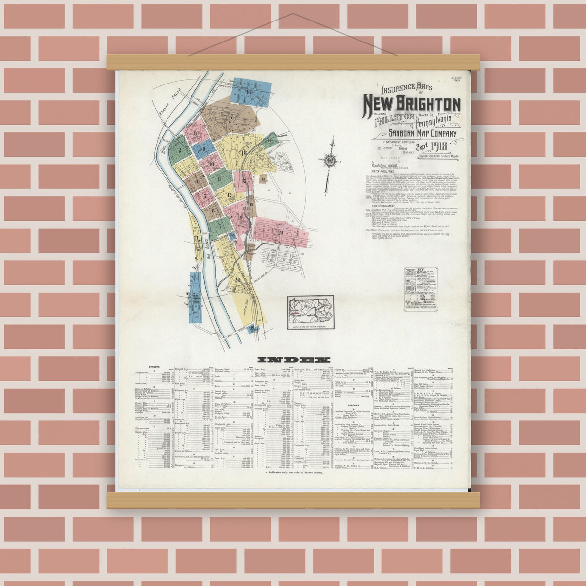 Old map wall art mockup — magnetic wood frame on brick wall — Sanborn Fire Insurance Map from New Brighton, Beaver County, Pennsylvania (1918), Sheet #0001