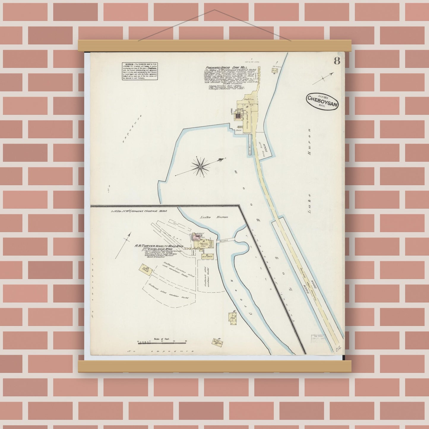 Old map wall art mockup — magnetic wood frame on brick wall — Sanborn Fire Insurance Map from Cheboygan, Cheboygan County, Michigan (1884), Sheet #0008