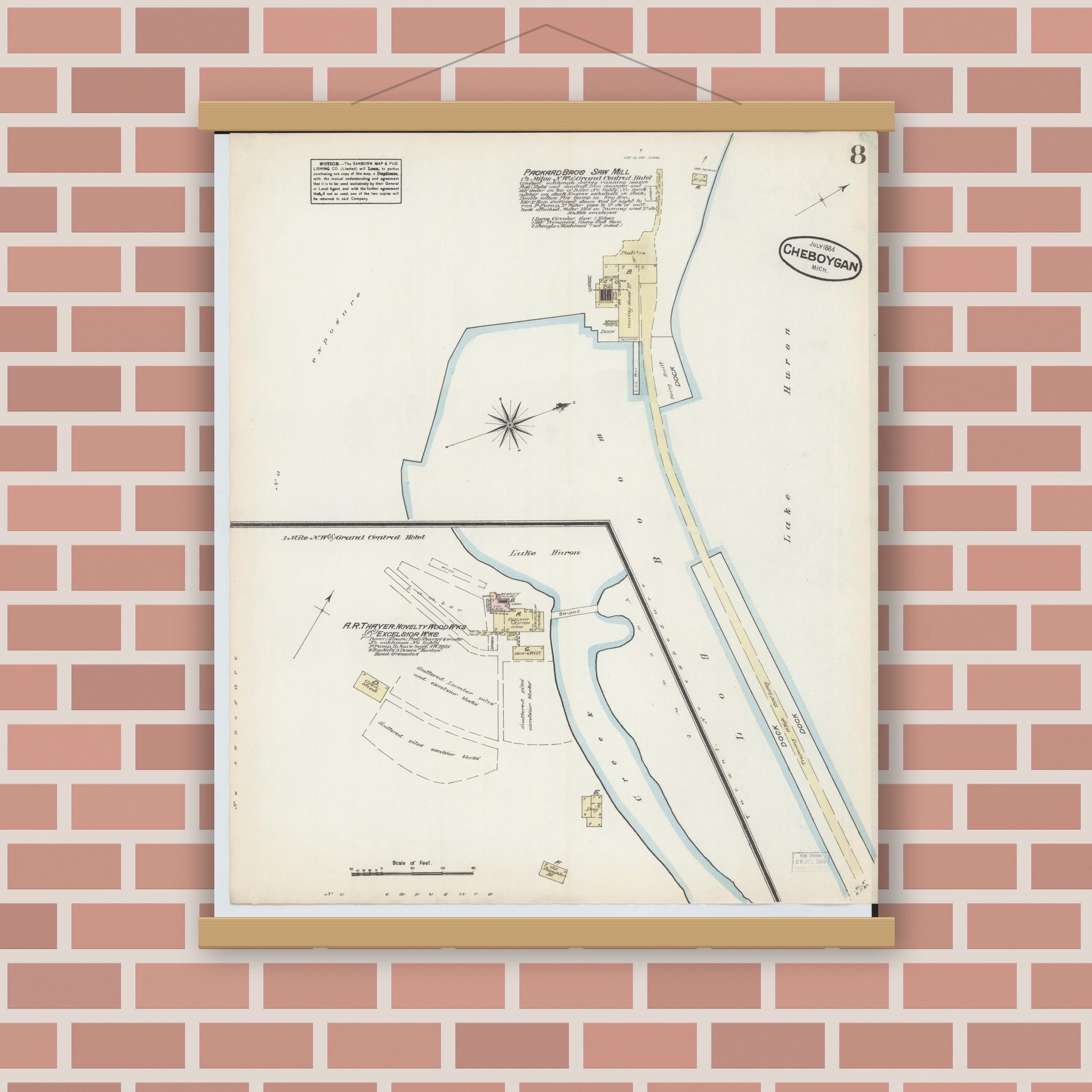 Old map wall art mockup — magnetic wood frame on brick wall — Sanborn Fire Insurance Map from Cheboygan, Cheboygan County, Michigan (1884), Sheet #0008