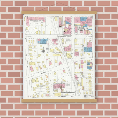 Old map wall art mockup — magnetic wood frame on brick wall — Sanborn Fire Insurance Map from Ann Arbor, Washtenaw County, Michigan (1925), Sheet #0003
