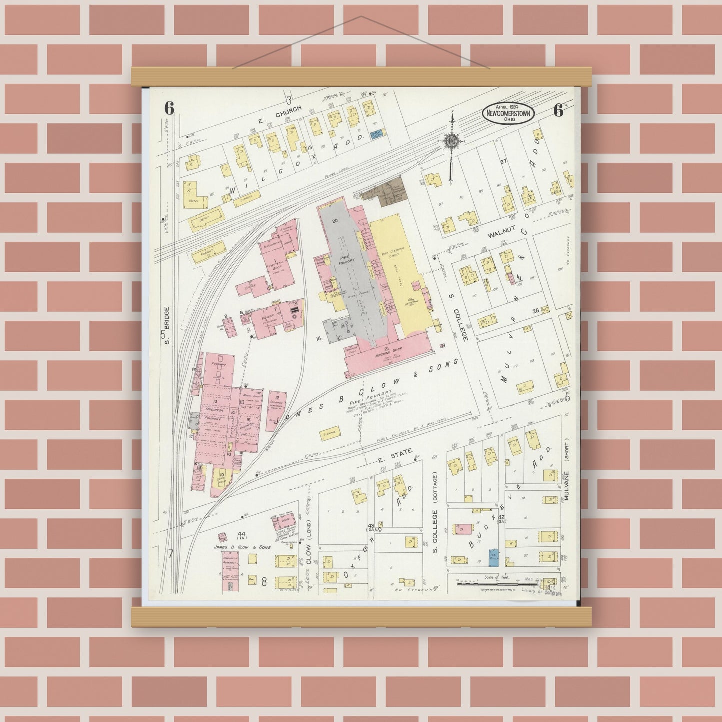 Old map wall art mockup — magnetic wood frame on brick wall — Sanborn Fire Insurance Map from Newcomerstown, Tuscarawas County, Ohio (1924), Sheet #0006