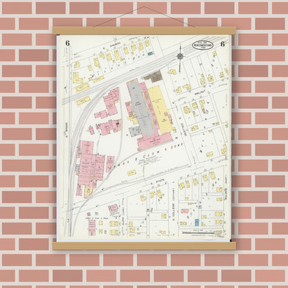 Old map wall art mockup — magnetic wood frame on brick wall — Sanborn Fire Insurance Map from Newcomerstown, Tuscarawas County, Ohio (1924), Sheet #0006