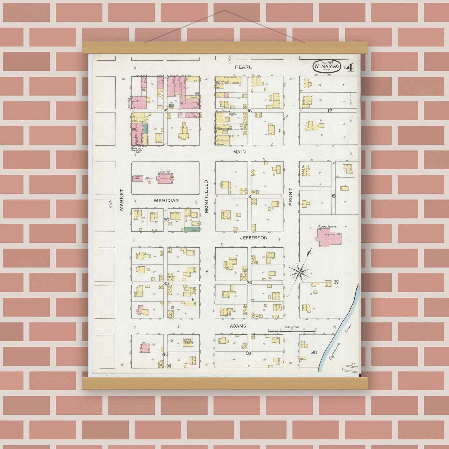 Old map wall art mockup — magnetic wood frame on brick wall — Sanborn Fire Insurance Map from Winamac, Pulaski County, Indiana (1893), Sheet #0004