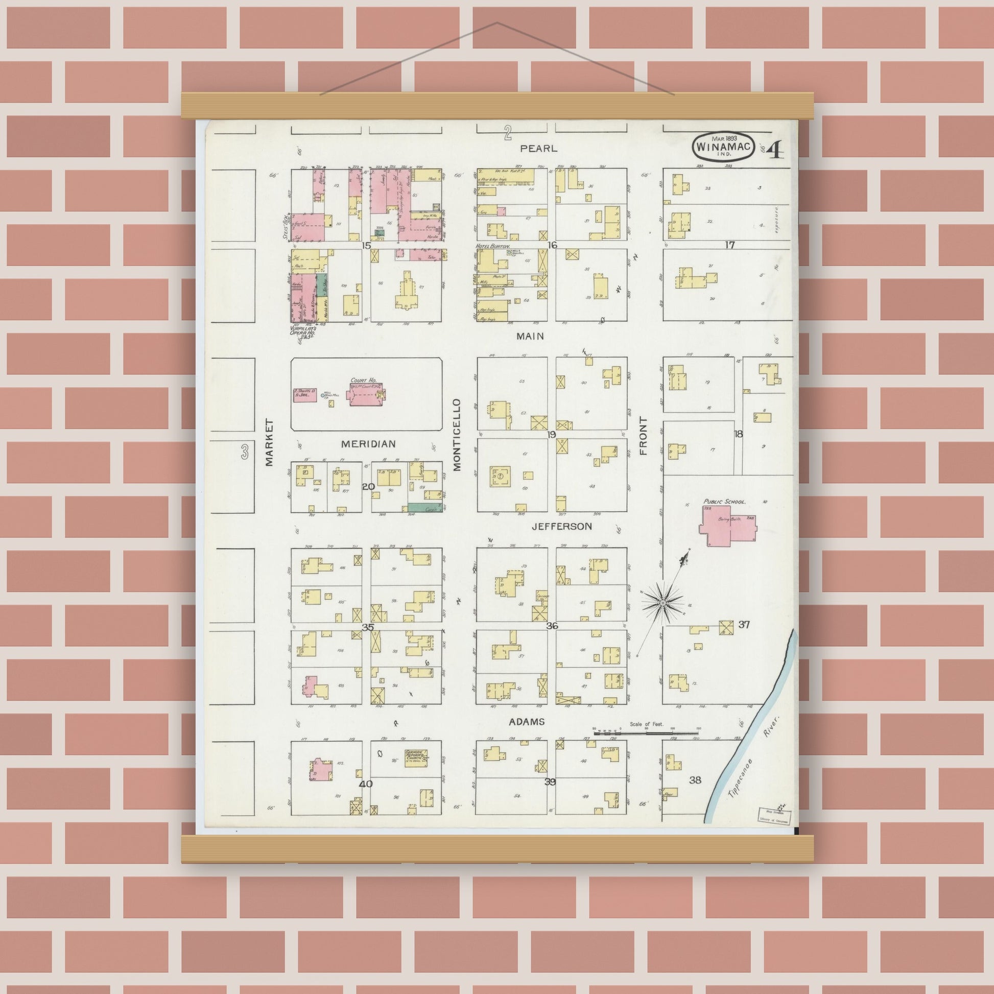 Old map wall art mockup — magnetic wood frame on brick wall — Sanborn Fire Insurance Map from Winamac, Pulaski County, Indiana (1893), Sheet #0004