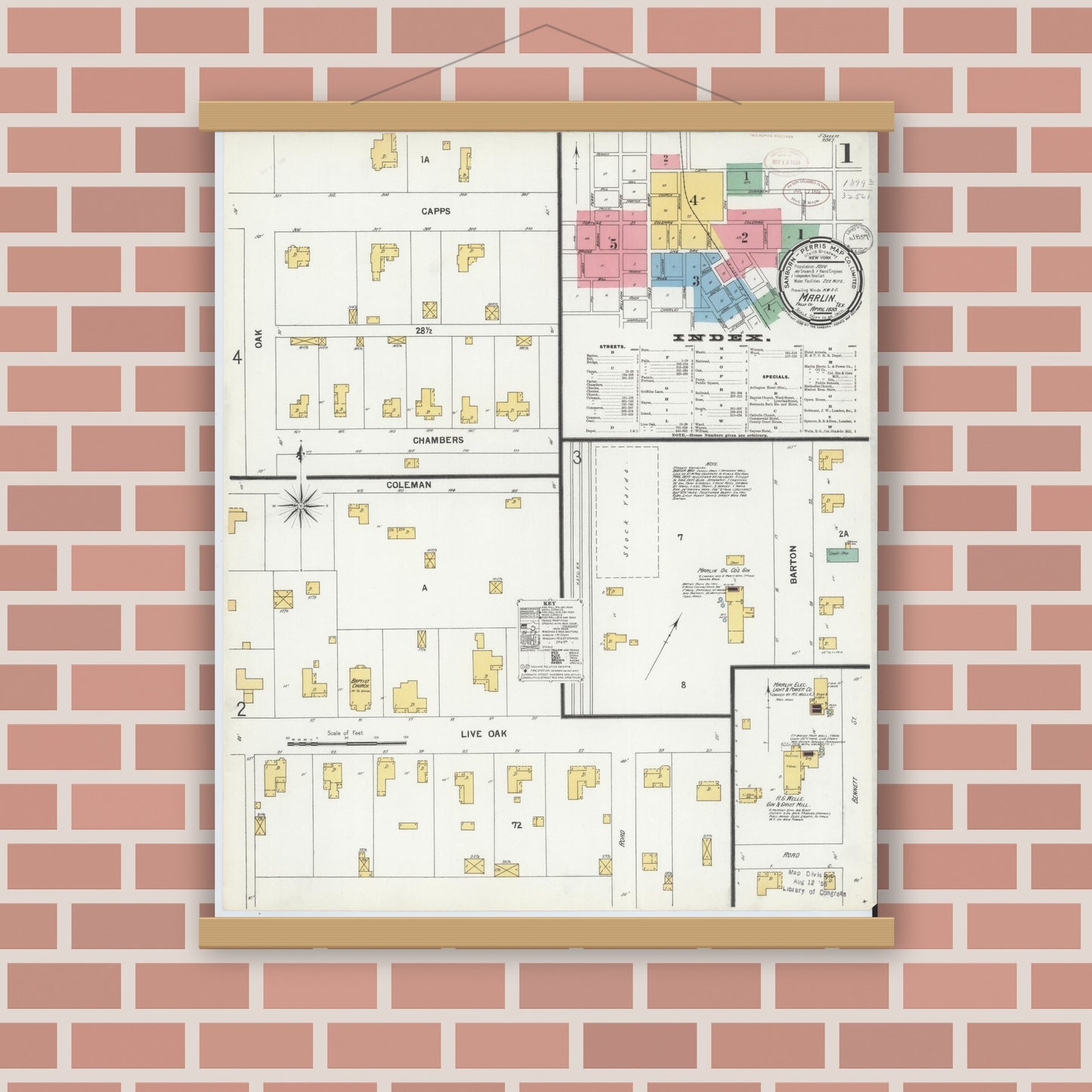 Old map wall art mockup — magnetic wood frame on brick wall — Sanborn Fire Insurance Map from Marlin, Falls County, Texas (1899) - Complete Map Set