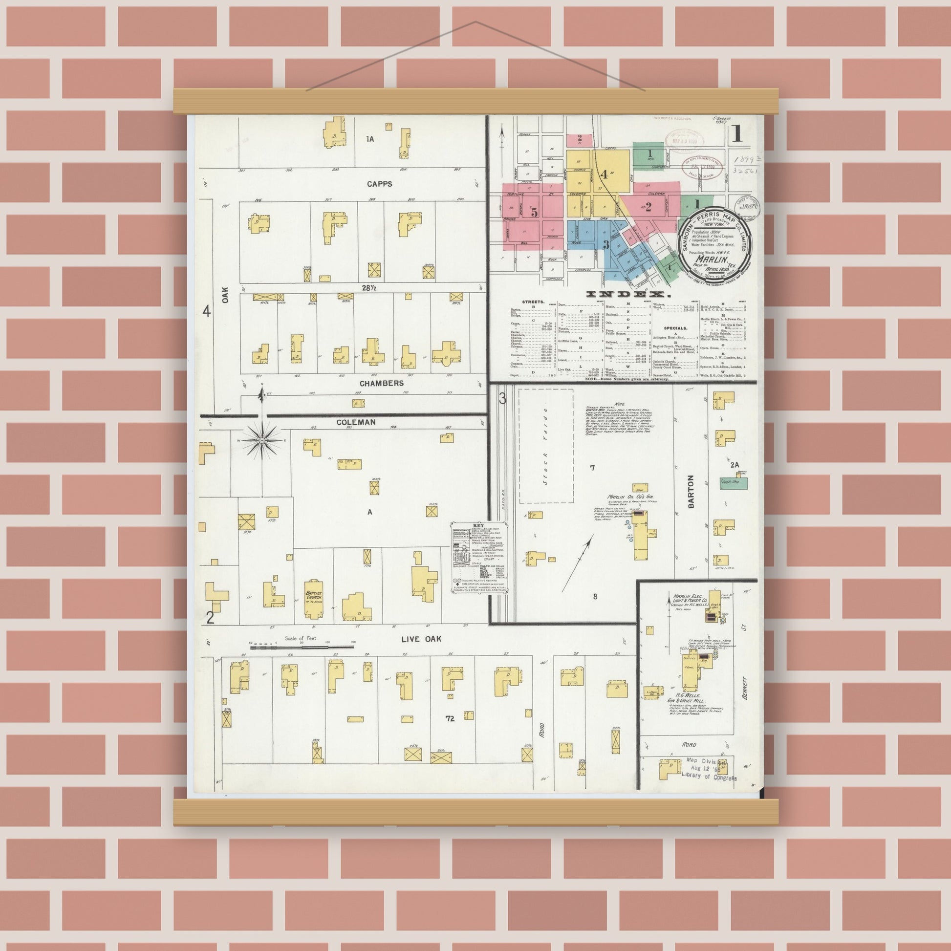 Old map wall art mockup — magnetic wood frame on brick wall — Sanborn Fire Insurance Map from Marlin, Falls County, Texas (1899) - Complete Map Set
