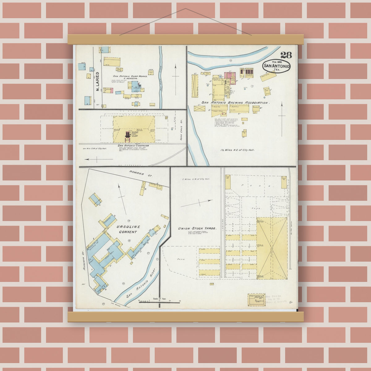 Old map wall art mockup — magnetic wood frame on brick wall — Sanborn Fire Insurance Map from San Antonio, Bexar County, Texas (1892), Sheet #0028