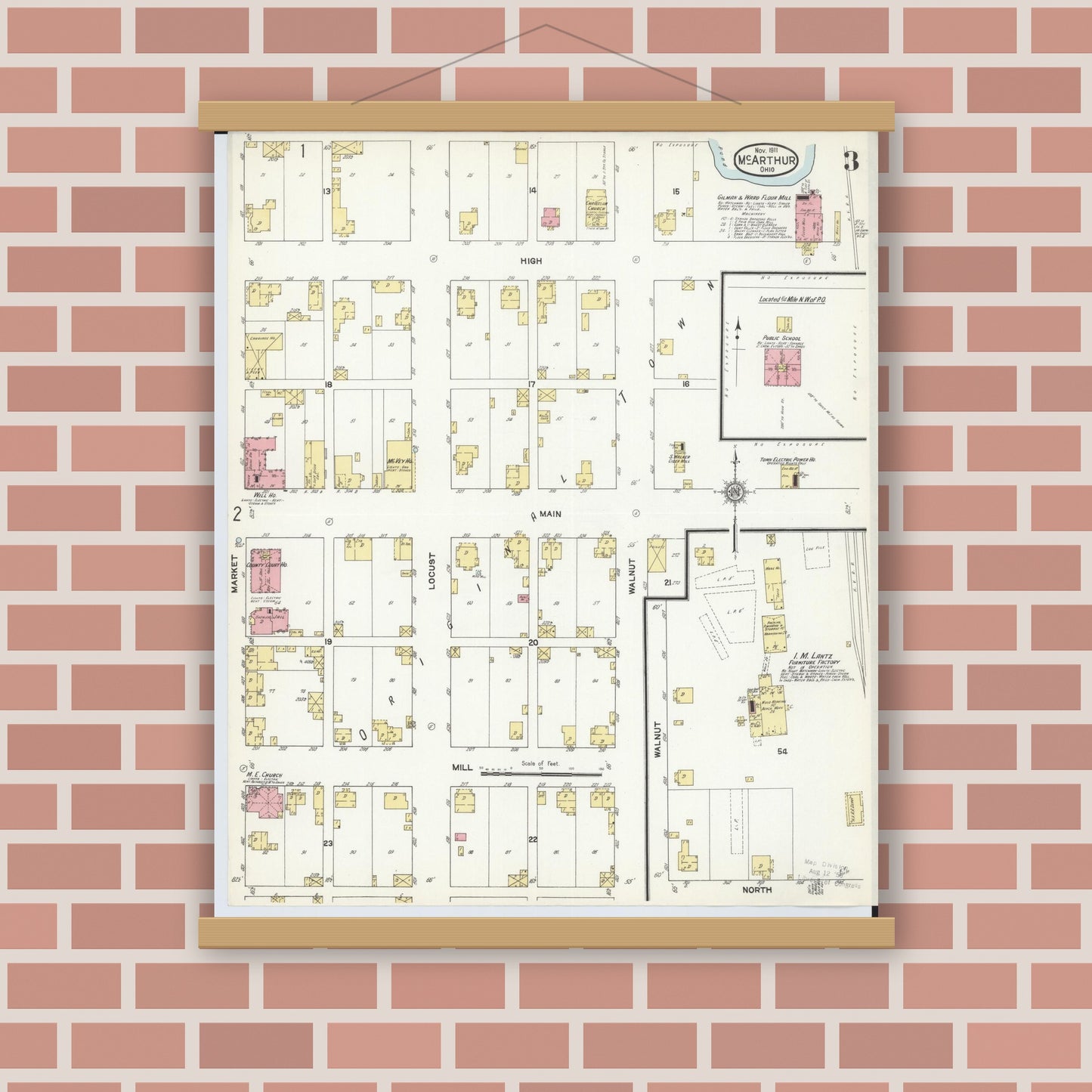 Old map wall art mockup — magnetic wood frame on brick wall — Sanborn Fire Insurance Map from McArthur, Vinton County, Ohio (1911), Sheet #0003