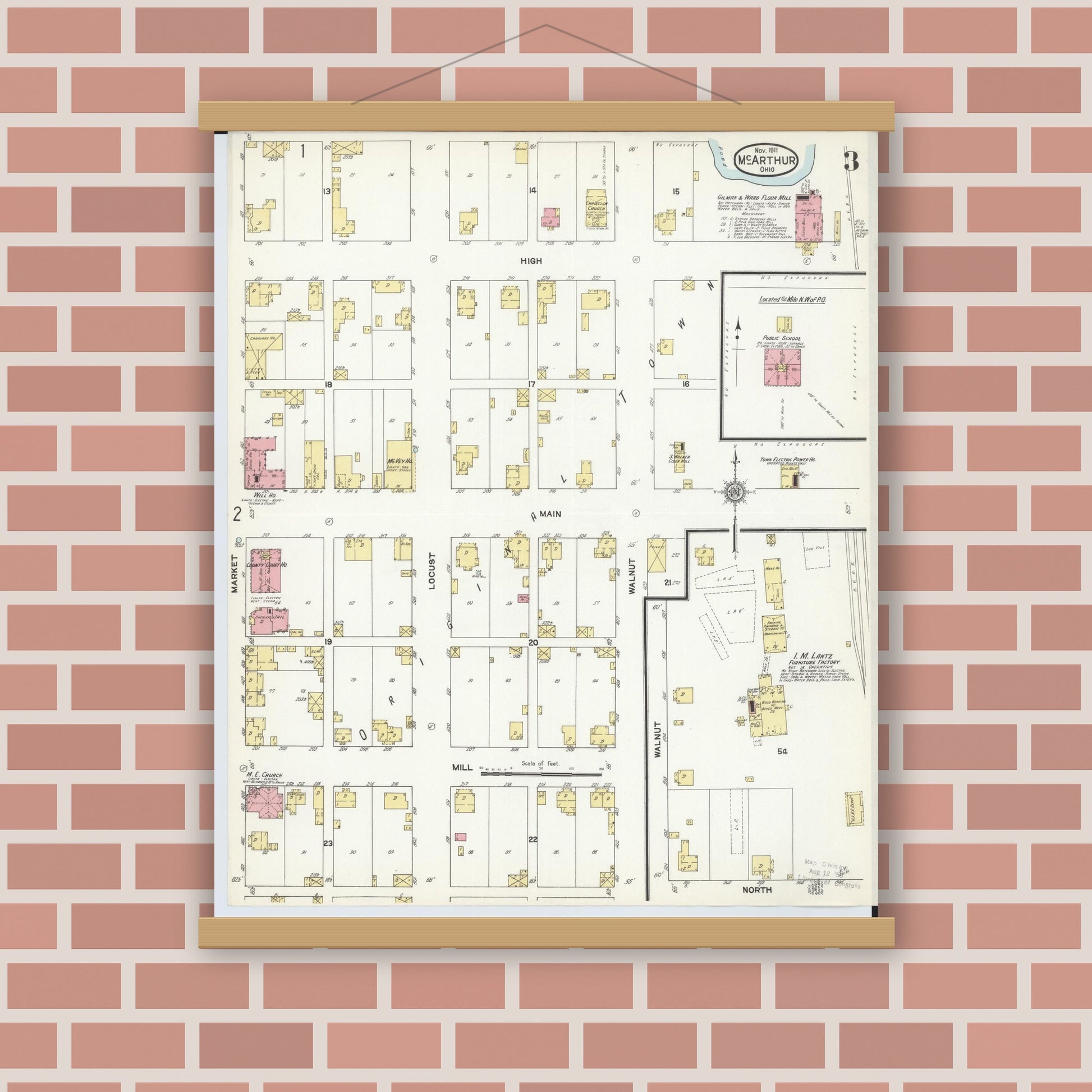 Old map wall art mockup — magnetic wood frame on brick wall — Sanborn Fire Insurance Map from McArthur, Vinton County, Ohio (1911), Sheet #0003