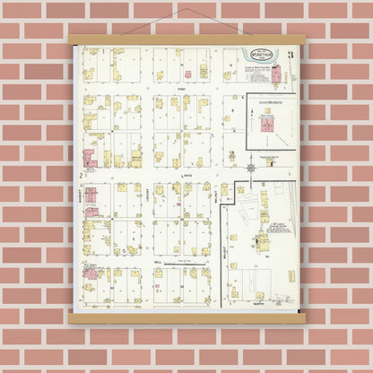Old map wall art mockup — magnetic wood frame on brick wall — Sanborn Fire Insurance Map from McArthur, Vinton County, Ohio (1911), Sheet #0003