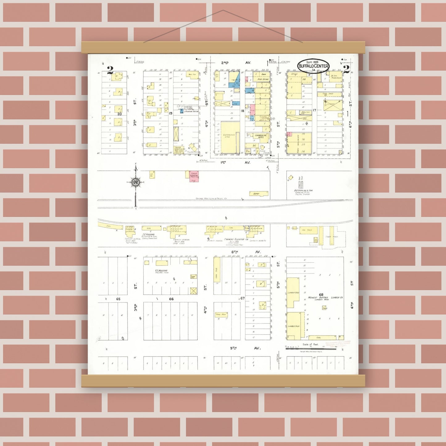 Old map wall art mockup — magnetic wood frame on brick wall — Sanborn Fire Insurance Map from Buffalo Center, Winnebago County, Iowa (1923), Sheet #0002