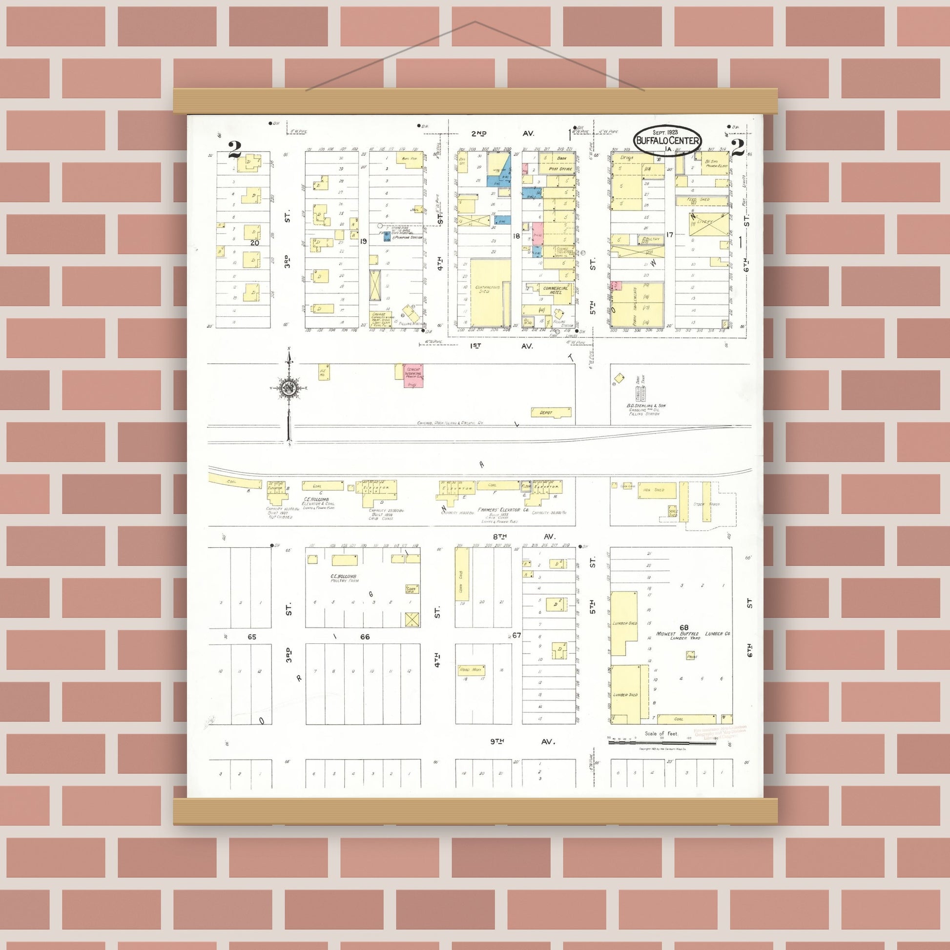 Old map wall art mockup — magnetic wood frame on brick wall — Sanborn Fire Insurance Map from Buffalo Center, Winnebago County, Iowa (1923), Sheet #0002