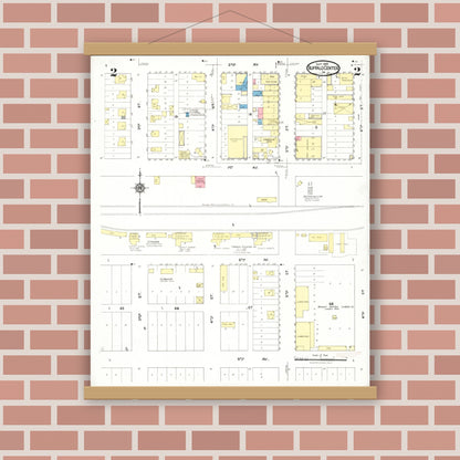 Old map wall art mockup — magnetic wood frame on brick wall — Sanborn Fire Insurance Map from Buffalo Center, Winnebago County, Iowa (1923), Sheet #0002