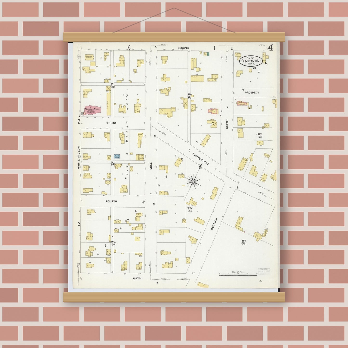 Old map wall art mockup — magnetic wood frame on brick wall — Sanborn Fire Insurance Map from Constantine, Saint Joseph County, Michigan (1909), Sheet #0004