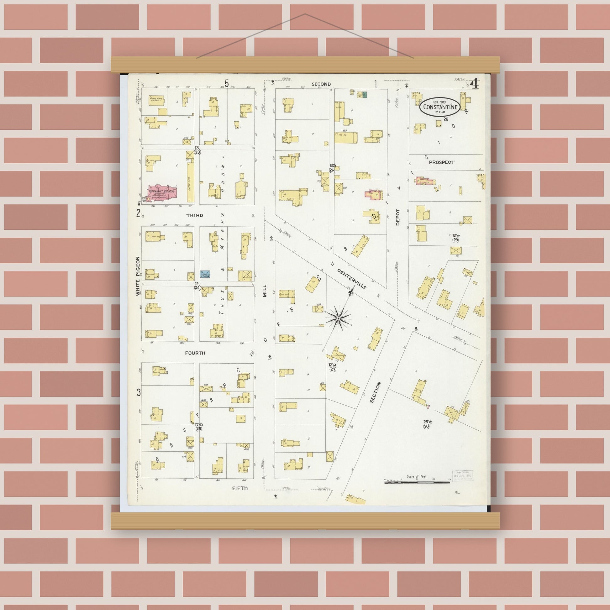 Old map wall art mockup — magnetic wood frame on brick wall — Sanborn Fire Insurance Map from Constantine, Saint Joseph County, Michigan (1909), Sheet #0004