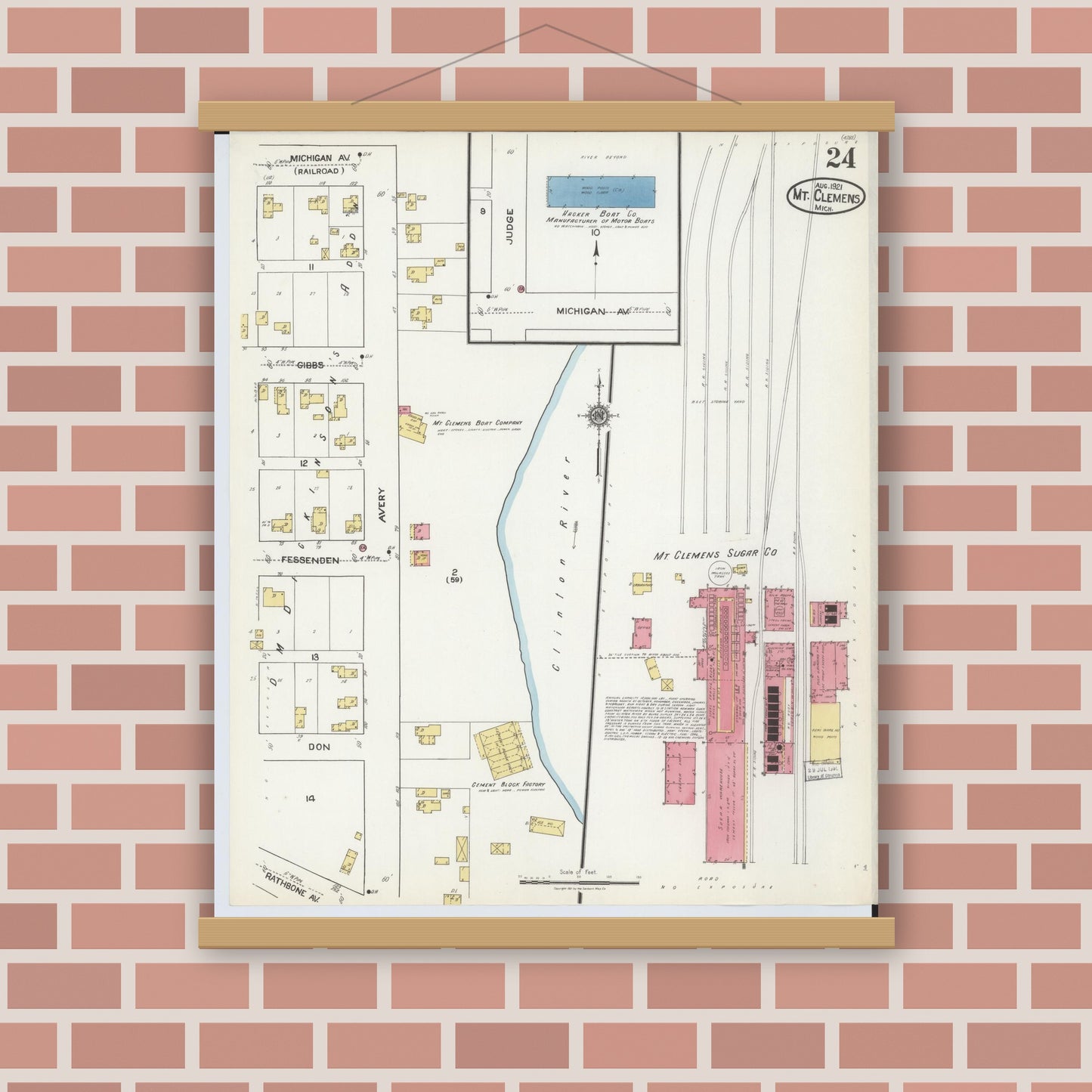 Old map wall art mockup — magnetic wood frame on brick wall — Sanborn Fire Insurance Map from Mount Clemens, Macomb County, Michigan (1921), Sheet #0024