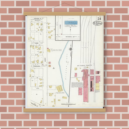 Old map wall art mockup — magnetic wood frame on brick wall — Sanborn Fire Insurance Map from Mount Clemens, Macomb County, Michigan (1921), Sheet #0024