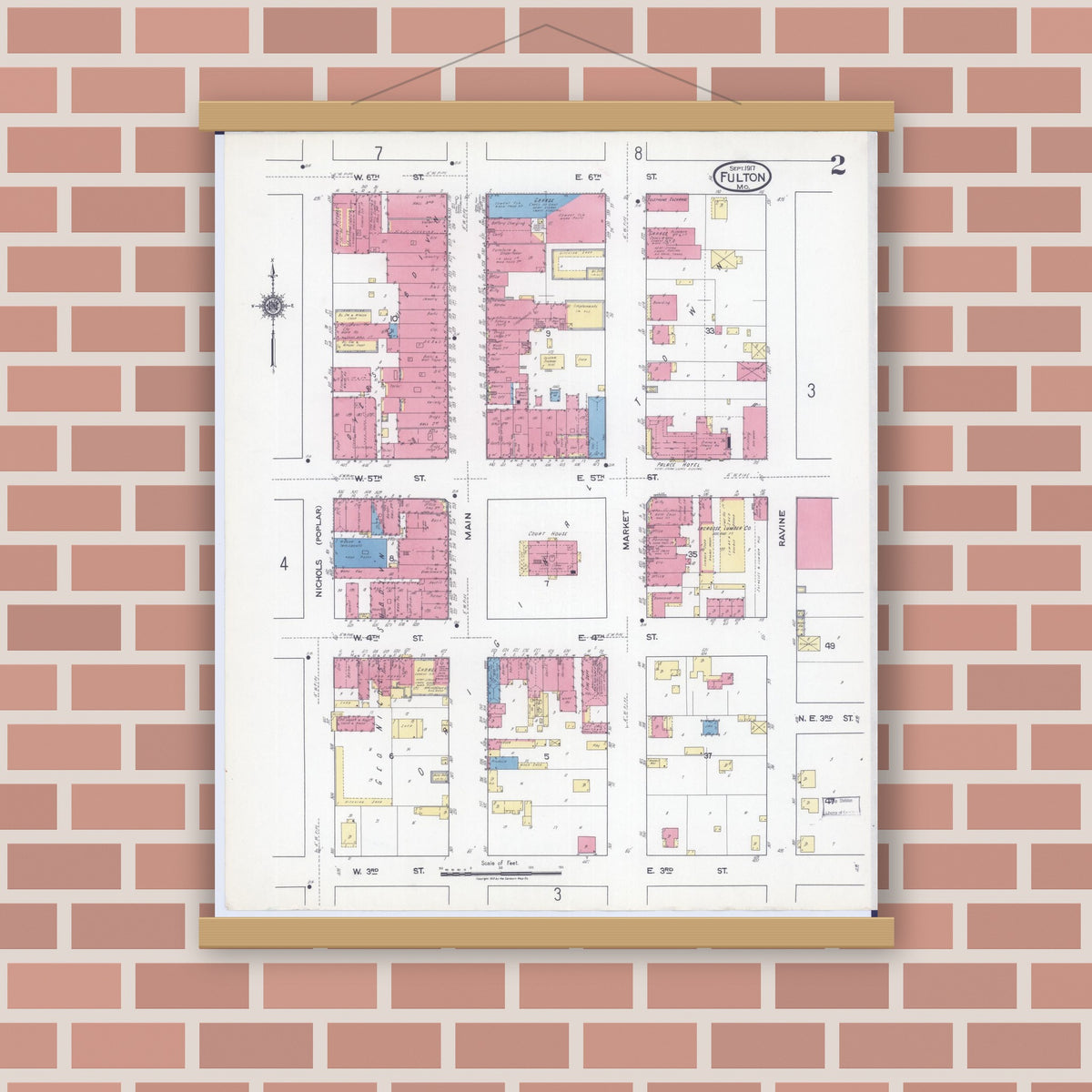 Old map wall art mockup — magnetic wood frame on brick wall — Sanborn Fire Insurance Map from Fulton, Callaway County, Missouri (1917), Sheet #0002