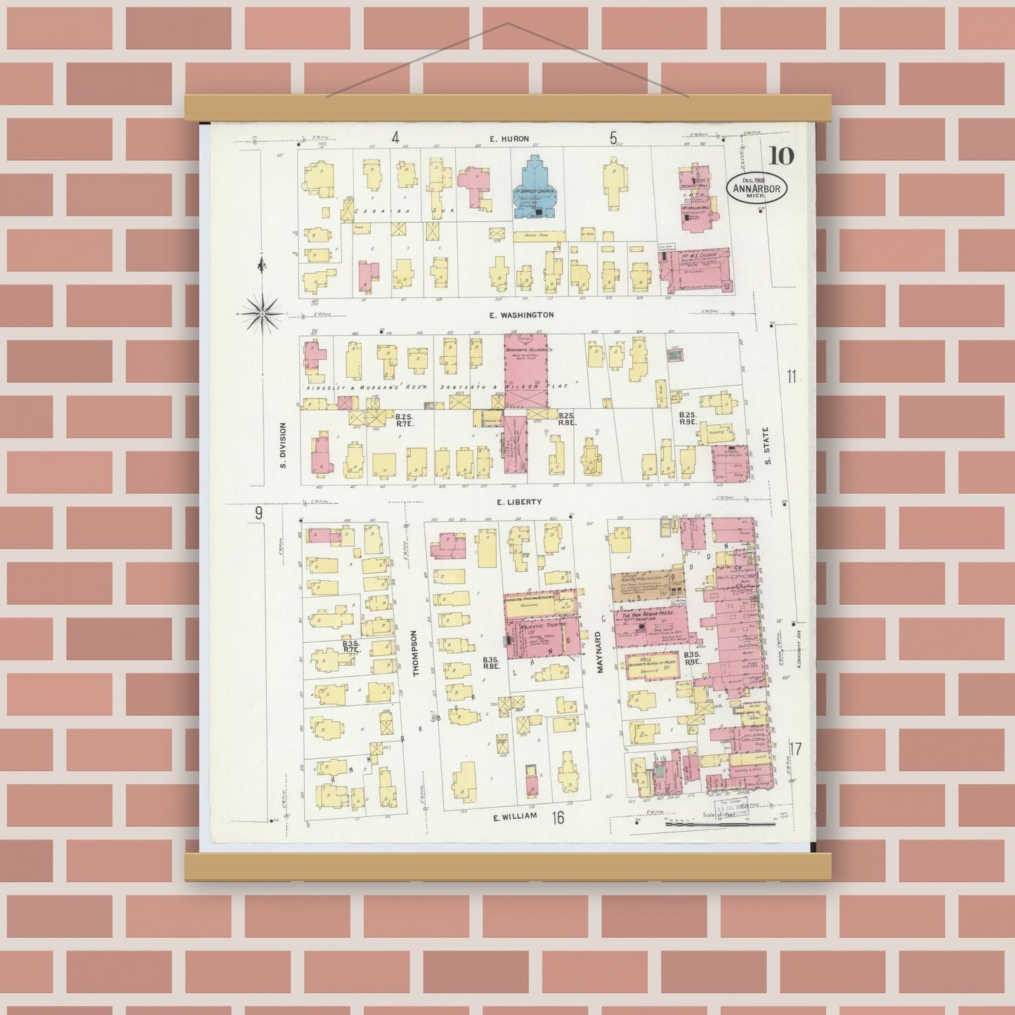 Old map wall art mockup — magnetic wood frame on brick wall — Sanborn Fire Insurance Map from Ann Arbor, Washtenaw County, Michigan (1908), Sheet #0010