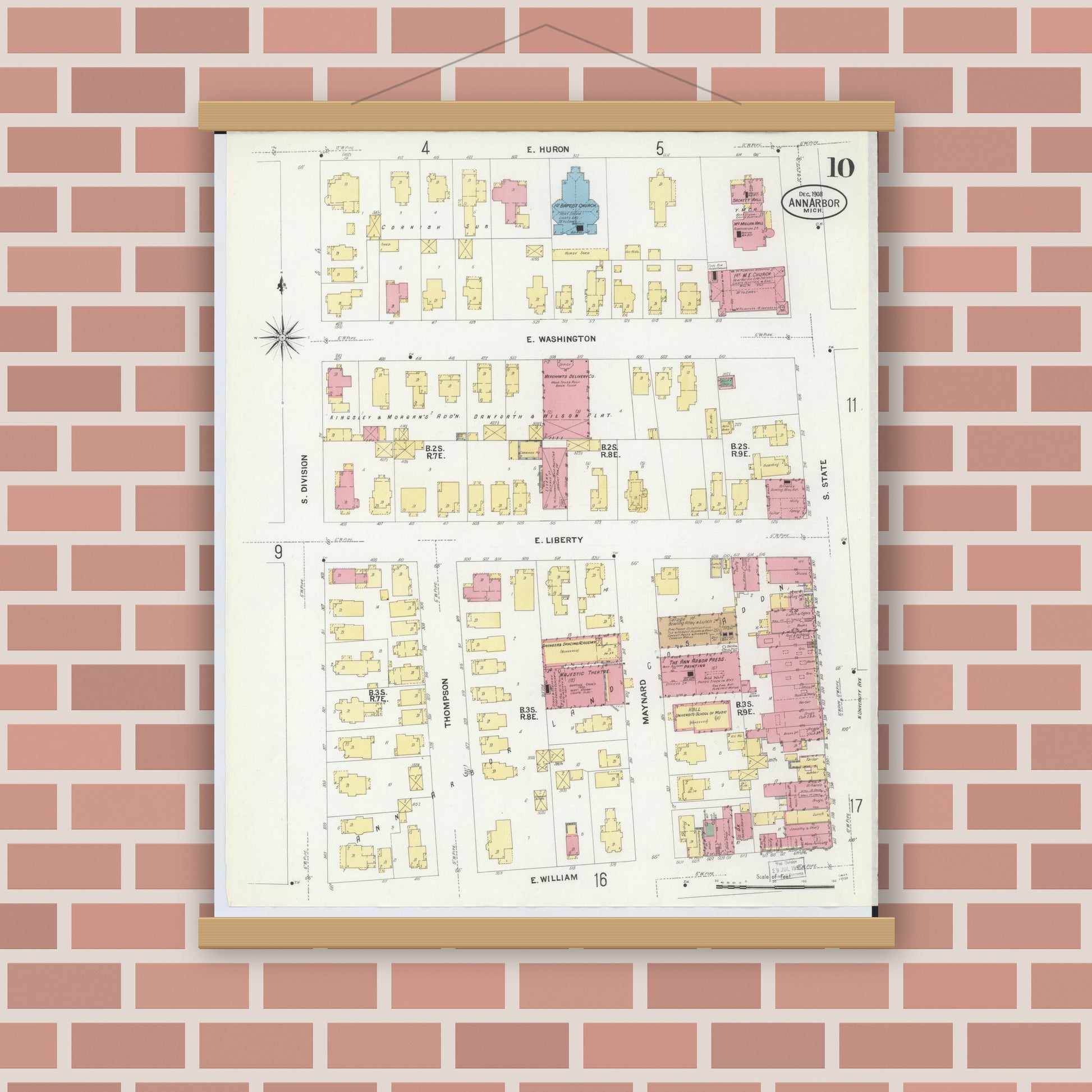 Old map wall art mockup — magnetic wood frame on brick wall — Sanborn Fire Insurance Map from Ann Arbor, Washtenaw County, Michigan (1908), Sheet #0010