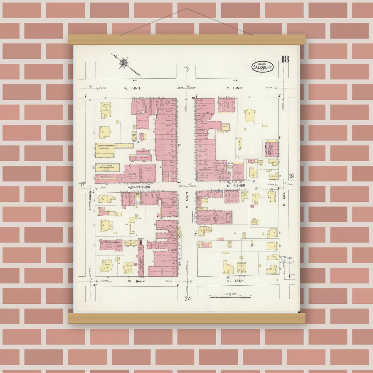 Old map wall art mockup — magnetic wood frame on brick wall — Sanborn Fire Insurance Map from Salisbury, Rowan County, North Carolina (1913), Sheet #0018