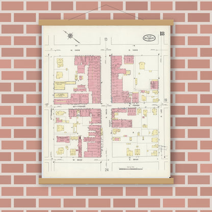 Old map wall art mockup — magnetic wood frame on brick wall — Sanborn Fire Insurance Map from Salisbury, Rowan County, North Carolina (1913), Sheet #0018