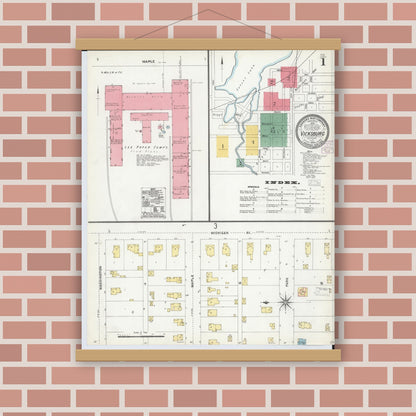 Old map wall art mockup — magnetic wood frame on brick wall — Sanborn Fire Insurance Map from Vicksburg, Kalamazoo County, Michigan (1904) - Complete Map Set