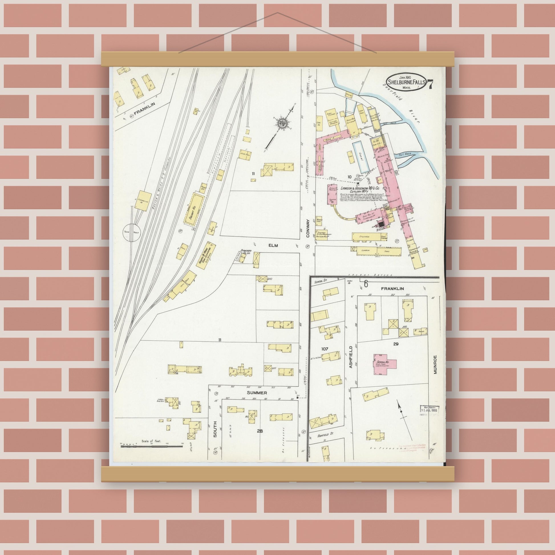 Old map wall art mockup — magnetic wood frame on brick wall — Sanborn Fire Insurance Map from Shelburne Falls, Franklin County, Massachusetts (1910), Sheet #0007