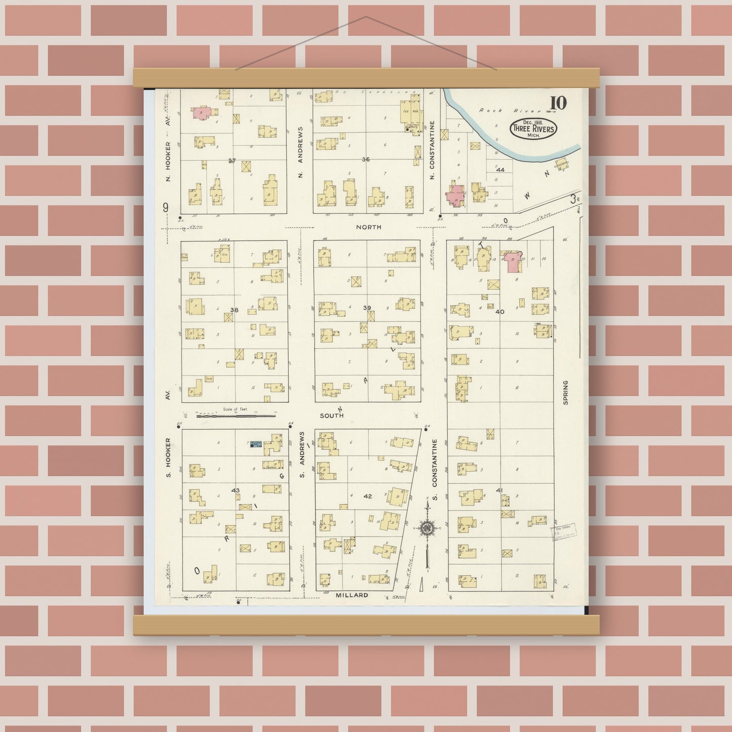 Old map wall art mockup — magnetic wood frame on brick wall — Sanborn Fire Insurance Map from Three Rivers, Saint Joseph County, Michigan (1916), Sheet #0010
