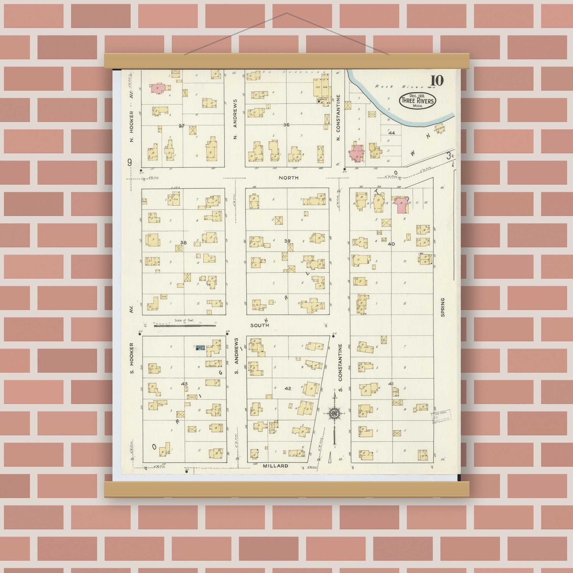 Old map wall art mockup — magnetic wood frame on brick wall — Sanborn Fire Insurance Map from Three Rivers, Saint Joseph County, Michigan (1916), Sheet #0010