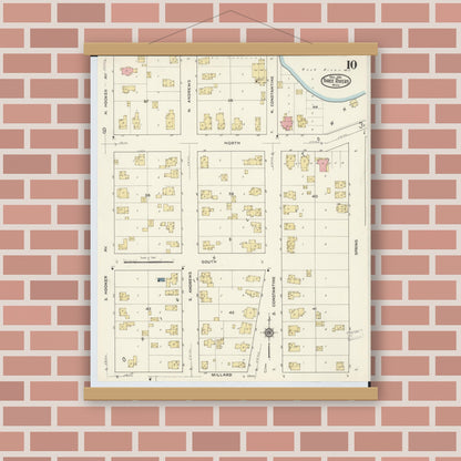 Old map wall art mockup — magnetic wood frame on brick wall — Sanborn Fire Insurance Map from Three Rivers, Saint Joseph County, Michigan (1916), Sheet #0010