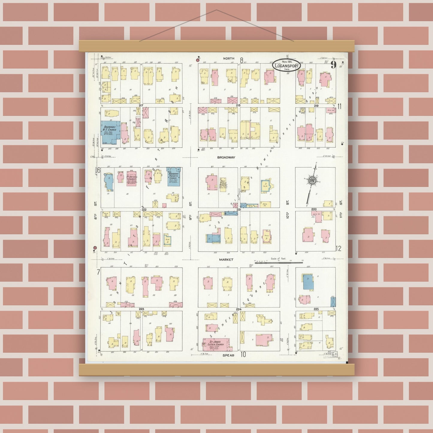 Old map wall art mockup — magnetic wood frame on brick wall — Sanborn Fire Insurance Map from Logansport, Cass County, Indiana (1911), Sheet #0009