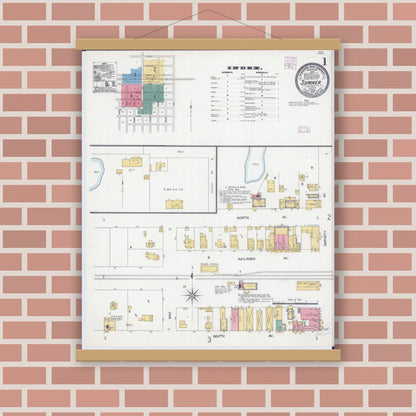 Old map wall art mockup — magnetic wood frame on brick wall — Sanborn Fire Insurance Map from Sumner, Lawrence County, Illinois (1906), Sheet #0001