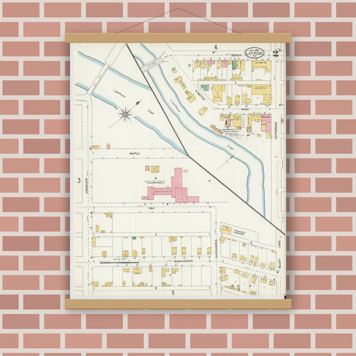 Old map wall art mockup — magnetic wood frame on brick wall — Sanborn Fire Insurance Map from Latrobe, Westmoreland County, Pennsylvania (1903), Sheet #0002