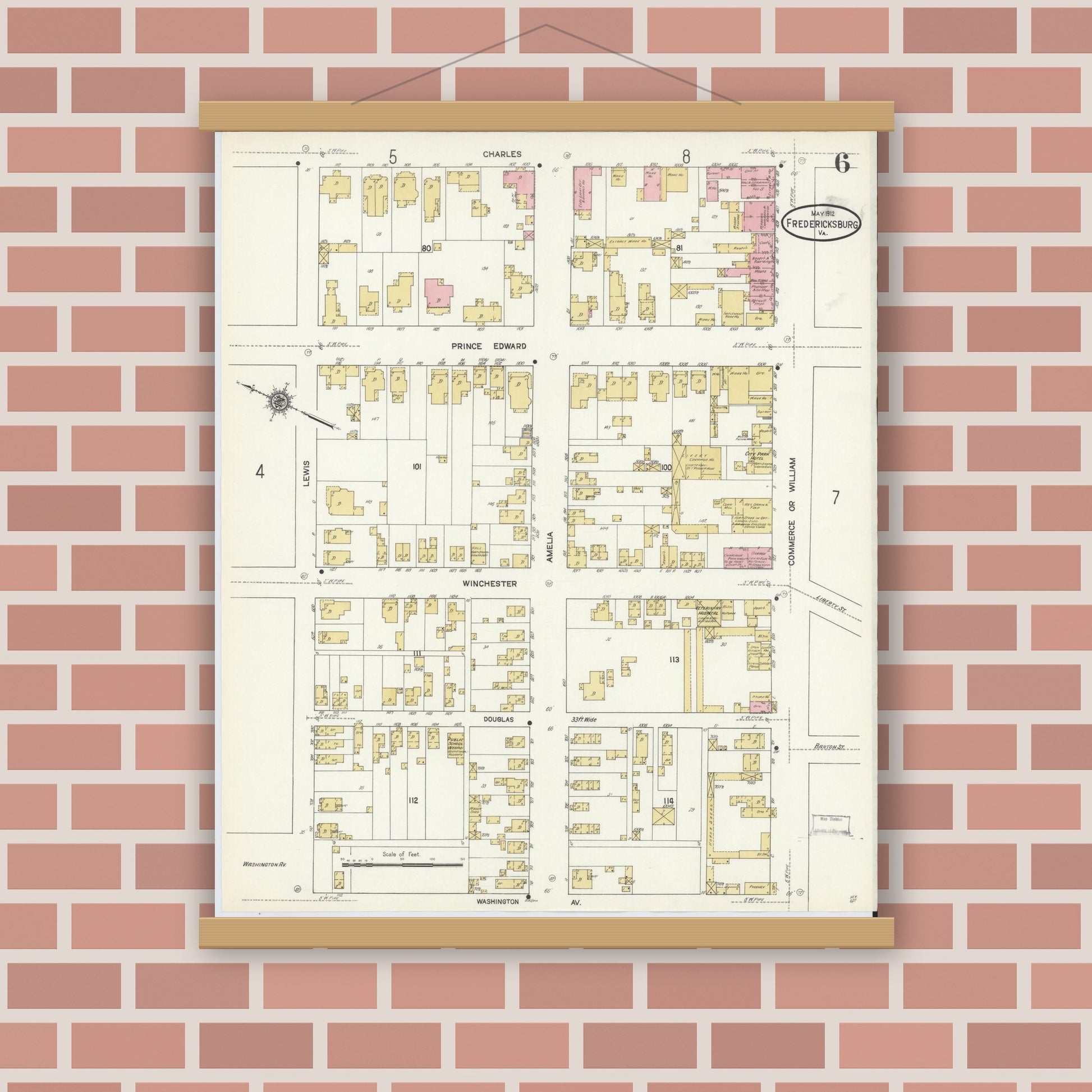 Old map wall art mockup — magnetic wood frame on brick wall — Sanborn Fire Insurance Map from Fredericksburg, Independent Cities, Virginia (1912), Sheet #0006
