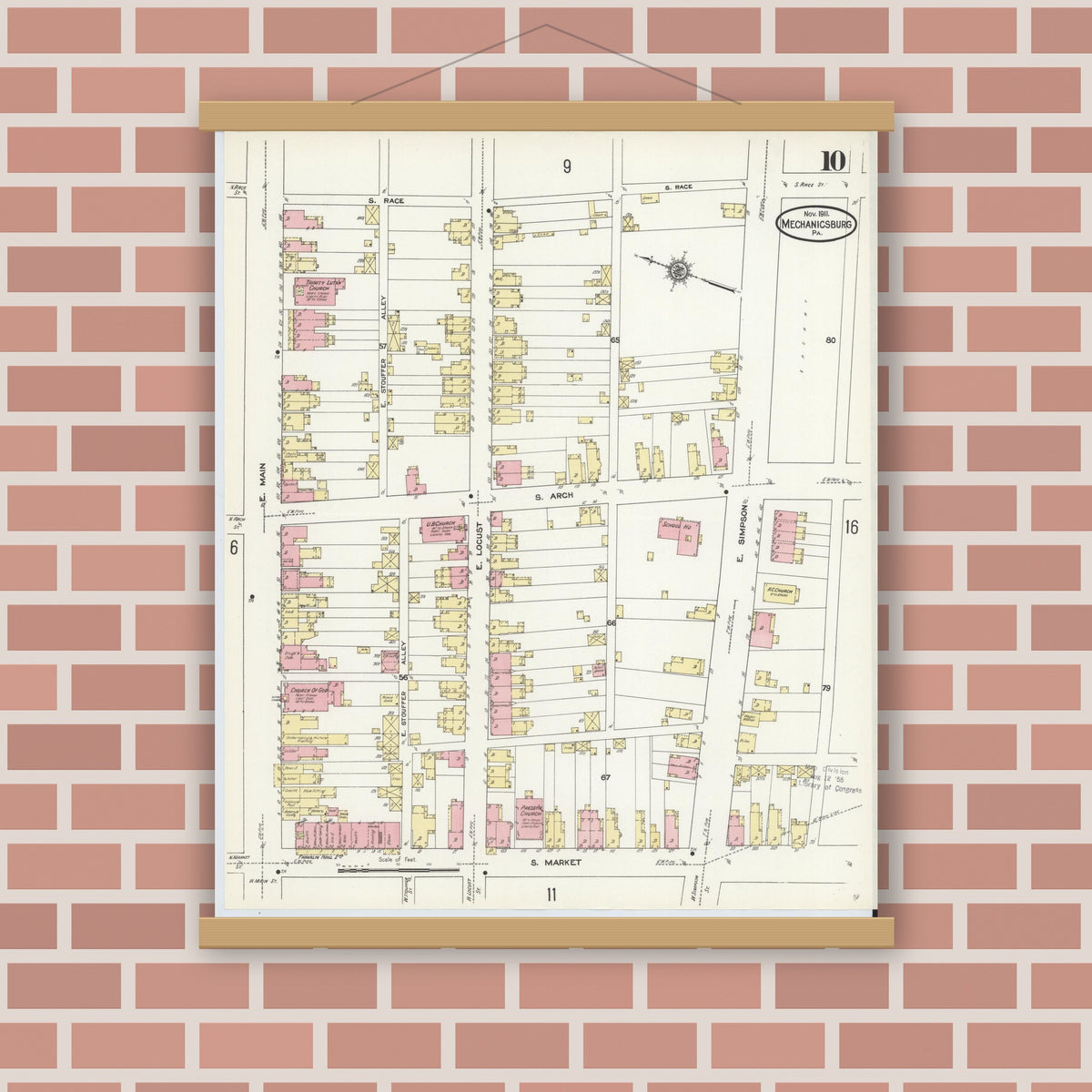 Old map wall art mockup — magnetic wood frame on brick wall — Sanborn Fire Insurance Map from Mechanicsburg, Cumberland County, Pennsylvania (1911), Sheet #0010